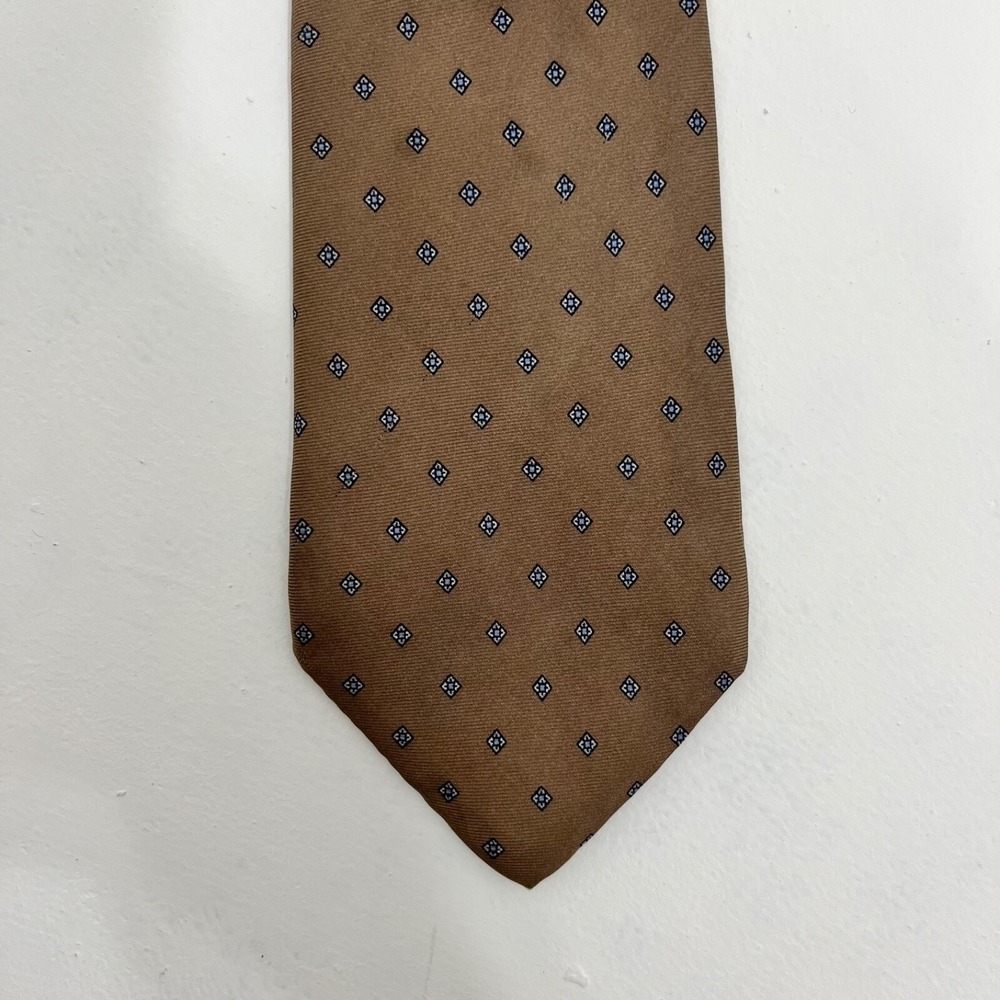Vintage Christian Dior Silk Tie Brown Diamond Print Blue Center 3.25"x56" - Picture 1 of 6